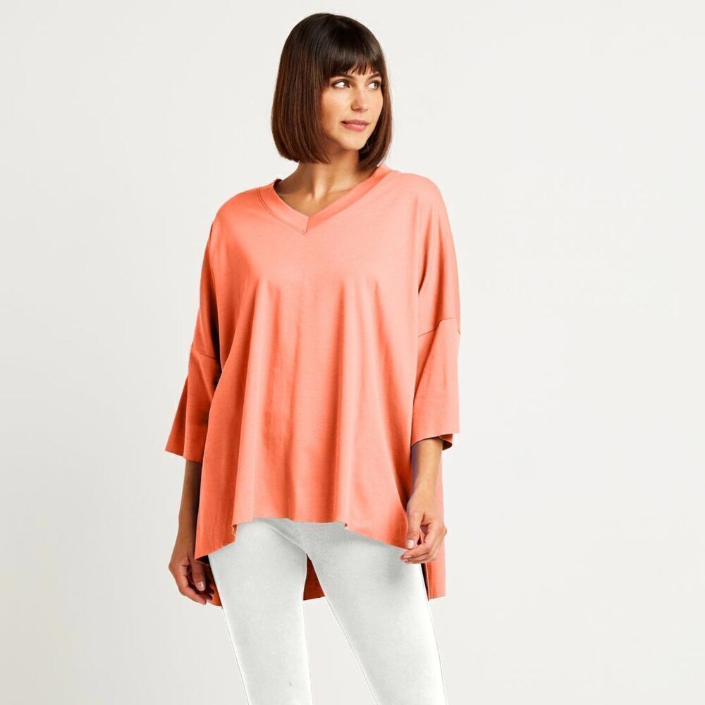 Planet By Lauren G Pima Cotton Boxy Tee Shirt One Size Peachy V-Neck Hi Low